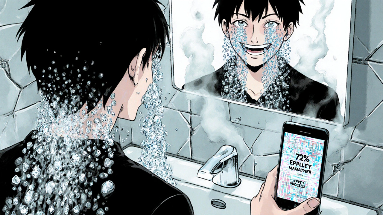 Homme face à un miroir, des cristaux tombent de ses yeux et sa bouche, formant une cascade qui se dissout en fumée.