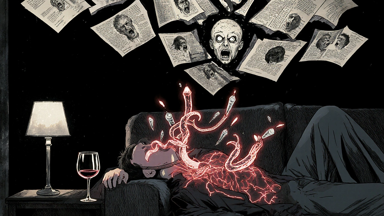 Homme sur un canapé avec des veines rouges et des serpents de drogue autour du cou, dans un style d&#039;horreur psychologique.