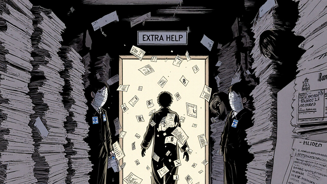 Labyrinthe de documents médicaux menant à une porte lumineuse marquée &#039;Aide Supplémentaire&#039;, avec un patient en train de se désintégrer.
