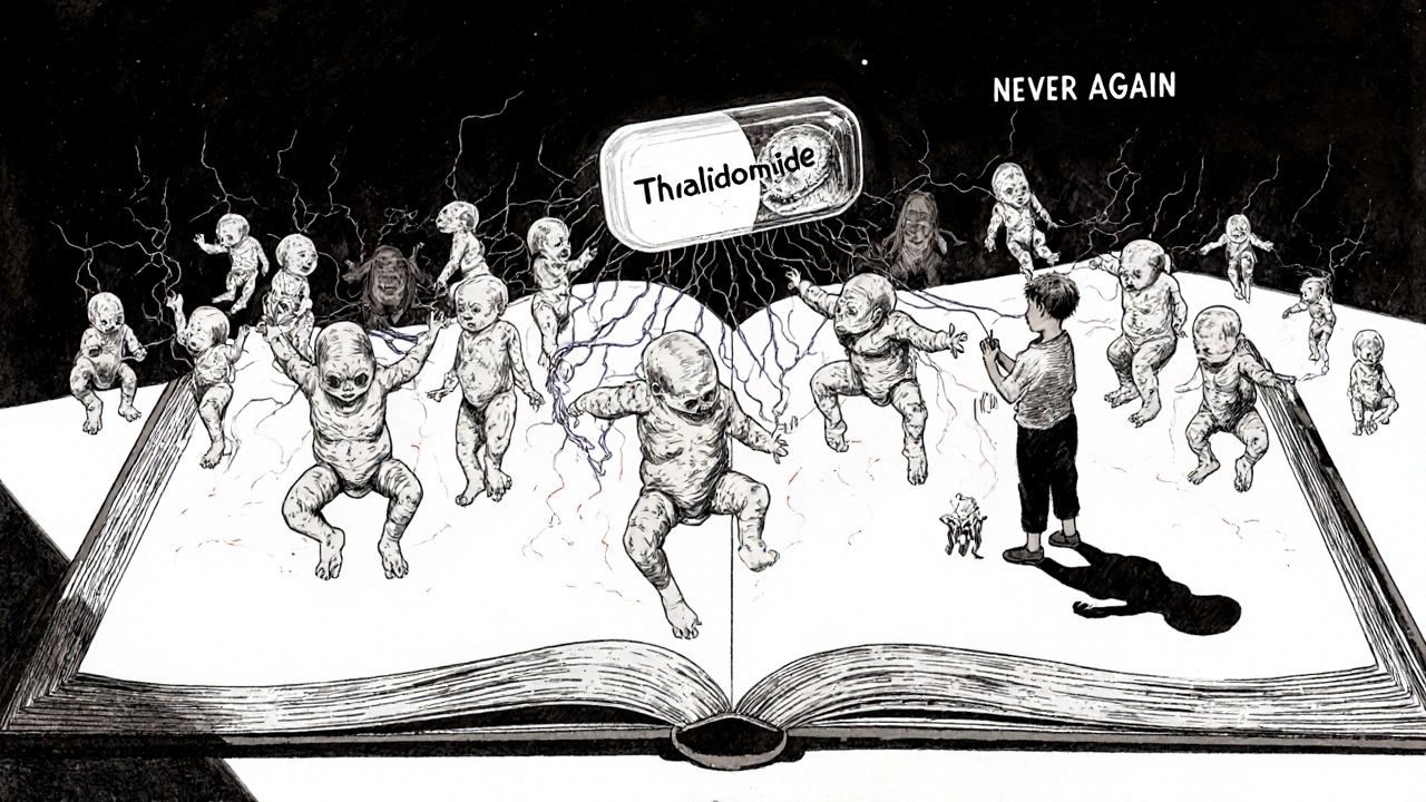 Livre médical flottant avec des bébés malformés reliés à une pilule, une ombre d&#039;enfant sans membres écrit avec ses pieds.