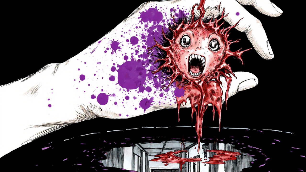 Main avec taches pourpres et rupture d&#039;artère microscopique, anticorps en forme de visages hurlants.