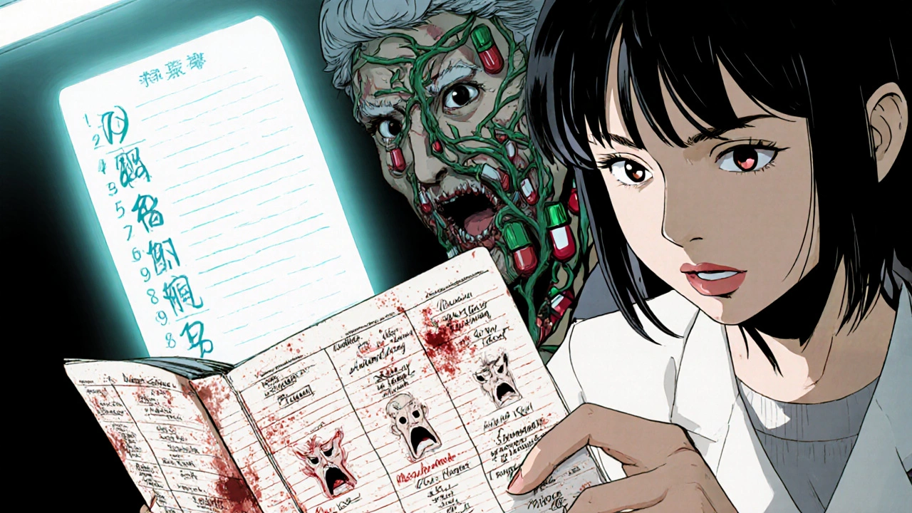 Main tenant un carnet de médicaments dont les noms deviennent des visages hurlants, avec des questions fantômes flottant au-dessus.