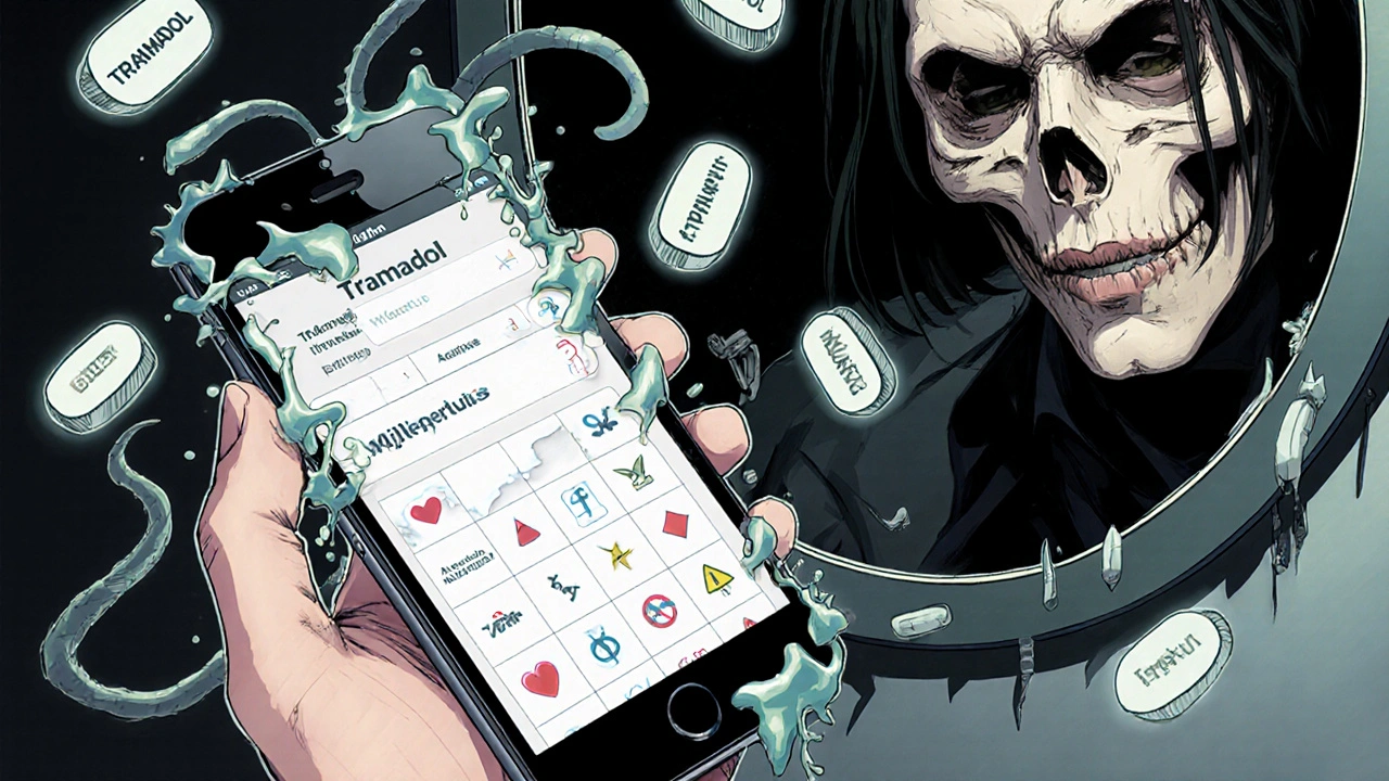 Main tenant un téléphone dont l&#039;écran se transforme en tentacules médicaux, reflet d&#039;un visage squelettique.