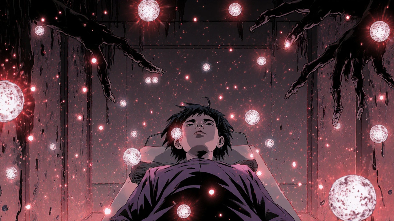 Médecin réalisant la manœuvre d&#039;Epley, des cristaux lumineux flottent dans l&#039;air tandis que le patient hurle en silence.