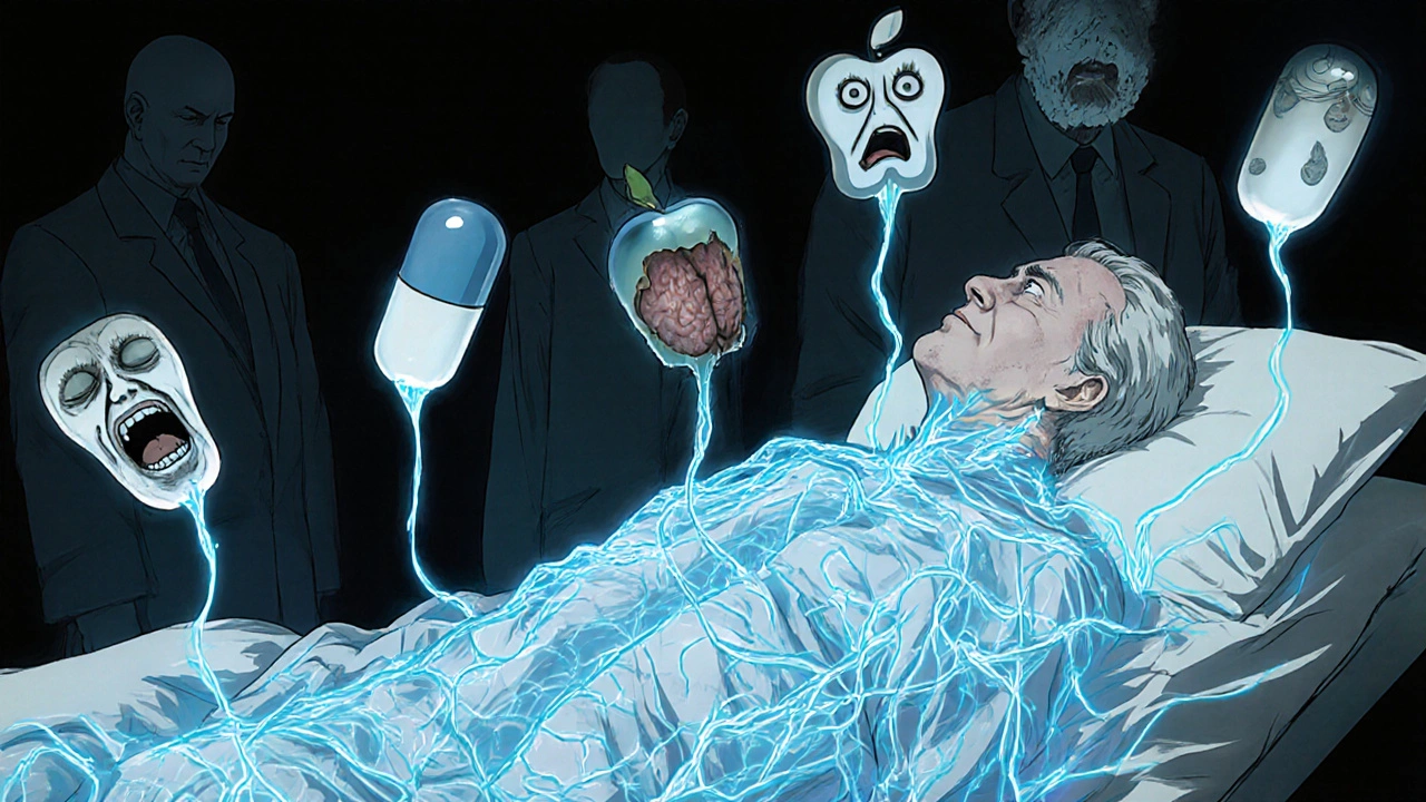 Patient âgé dont le corps se transforme en réseau de veines toxiques reliées à des pilules aux visages hurlants.