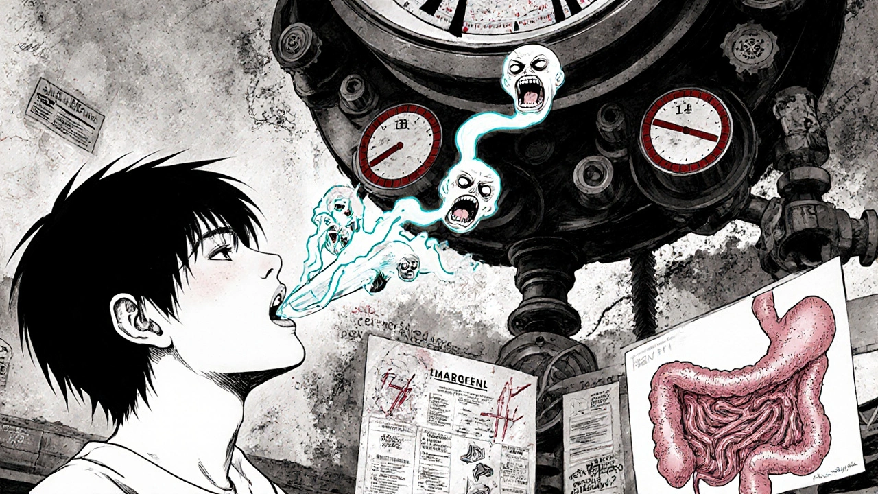 Patient expirant dans un tube où l&#039;hydrogène se transforme en visages hurlants, dans un laboratoire sombre.