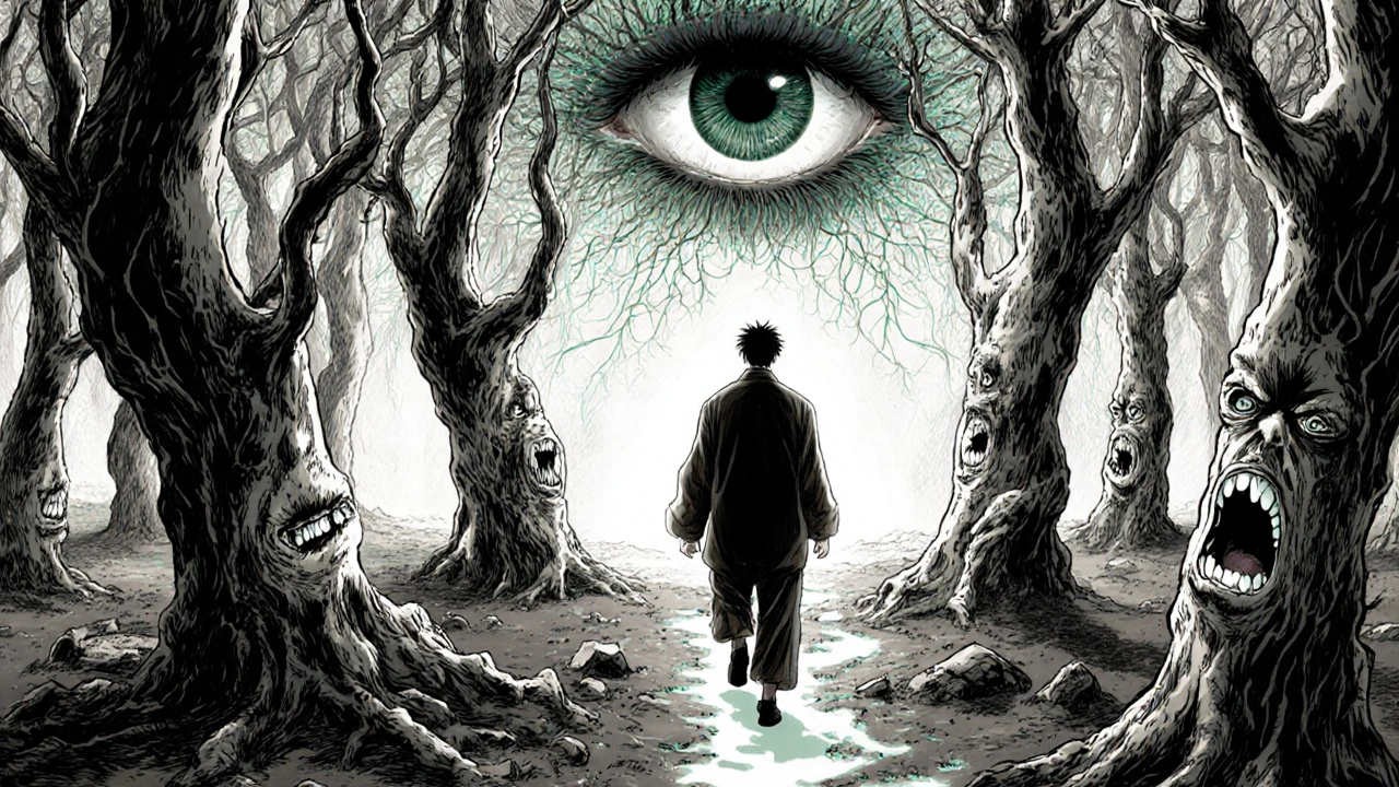 Patient marchant dans une forêt de douleur qui se désintègre en cendres sous ses pas.