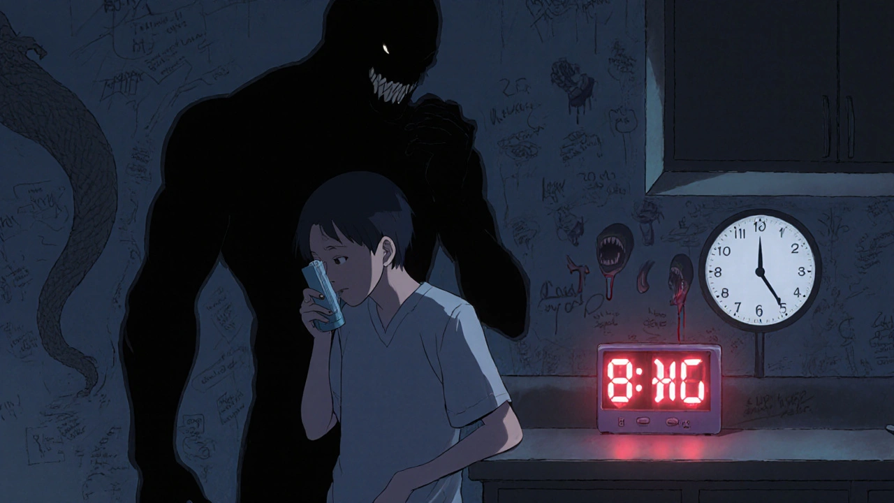 Patient utilisant mal un inhalateur, une ombre monstrueuse le hante, des chiffres de glycémie deviennent des bouches hurlantes.