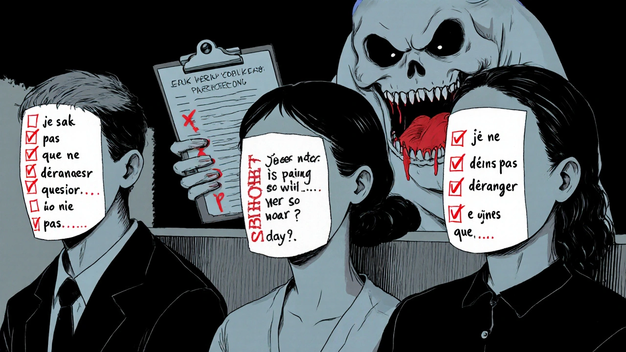 Patients masqués par leurs propres réponses, une infirmière géante dévore un classeur rempli de coches rouges.