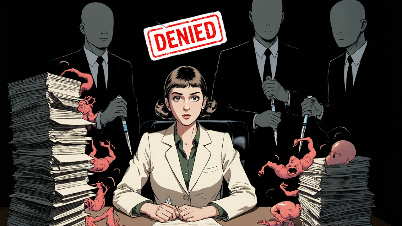 Pharmacienne de la FDA rejetant un médicament, des fœtus déformés sortent des dossiers médicaux.