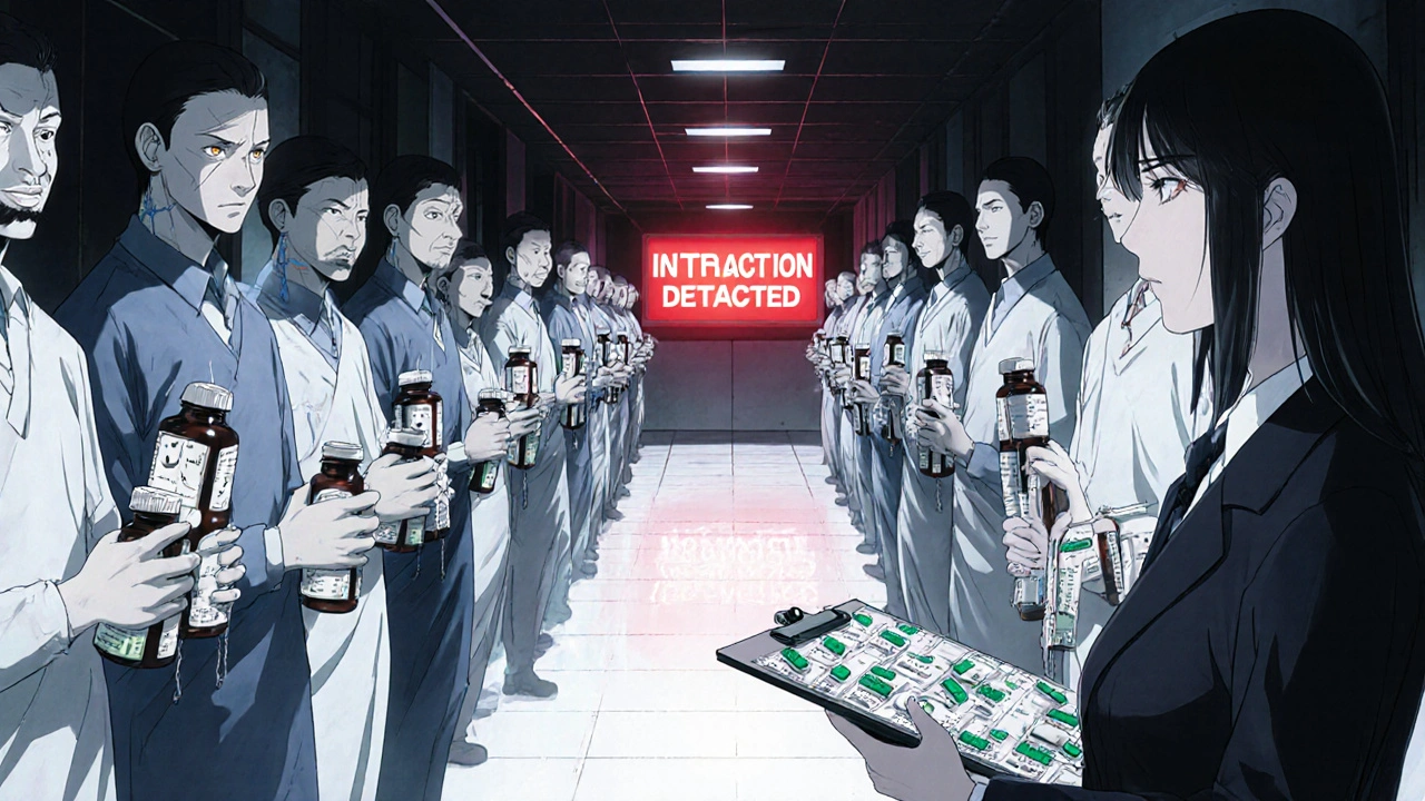 Un couloir d’hôpital infini où des patients aux visages vides tiennent des compléments, leur bouche cousue, devant un écran d&#039;alerte rouge.