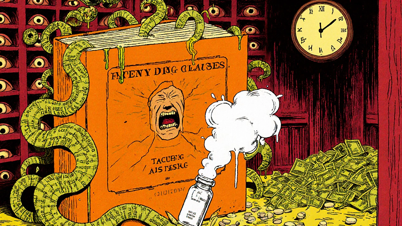 Un livre monstrueux dégorge des brevets tentaculaires, un flacon de générique se brise au milieu.