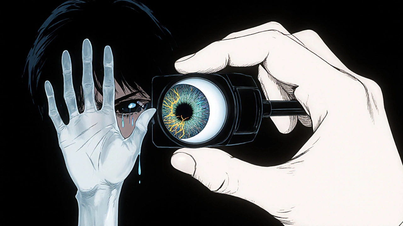 Un ophtalmoscope révèle un nerf optique gonflé comme un parasite vivant à l&#039;intérieur de l&#039;œil.