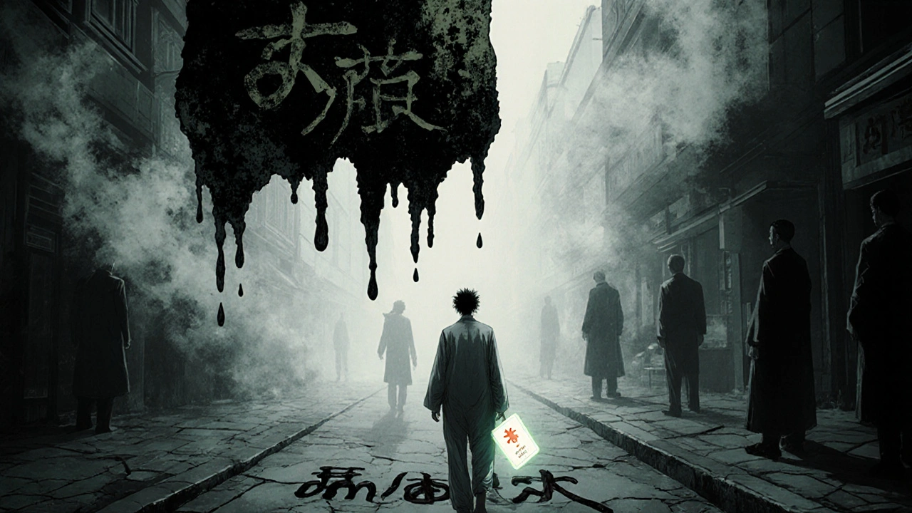 Un patient marche dans la rue sous une lueur de carte médicale, derrière lui des silhouettes fondent en fumée, un patch géant suinte du liquide noir.