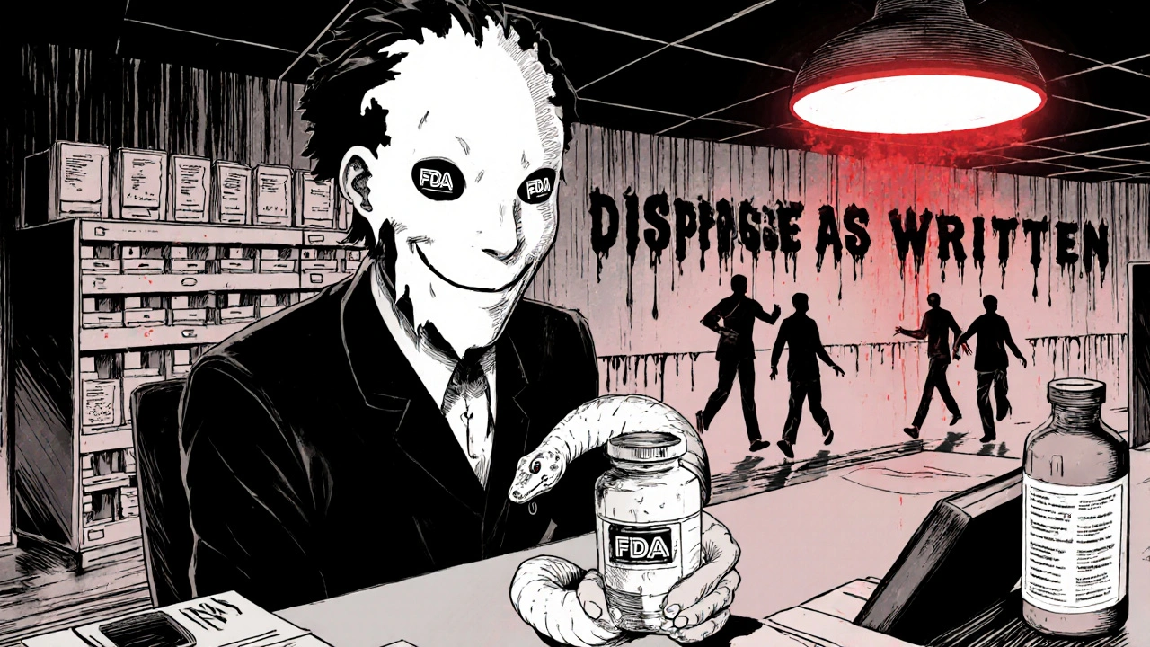 Un pharmacien au visage déformé offre une bouteille qui devient un serpent, des mots juridiques sanglants coulent sur les murs derrière lui.