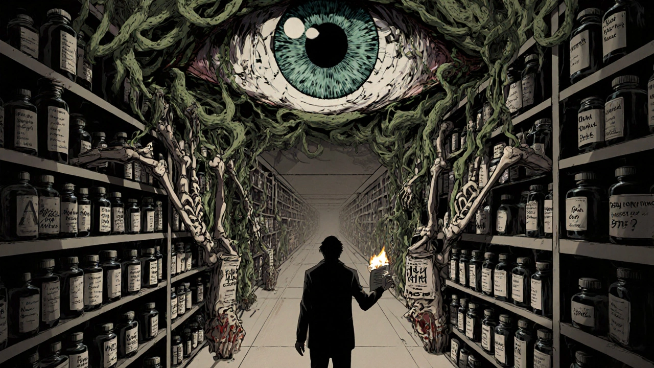 Une étagère de pharmacie infinie avec des bouteilles qui émettent des bras squelettiques, dans un style d&#039;horreur manga Junji Ito.