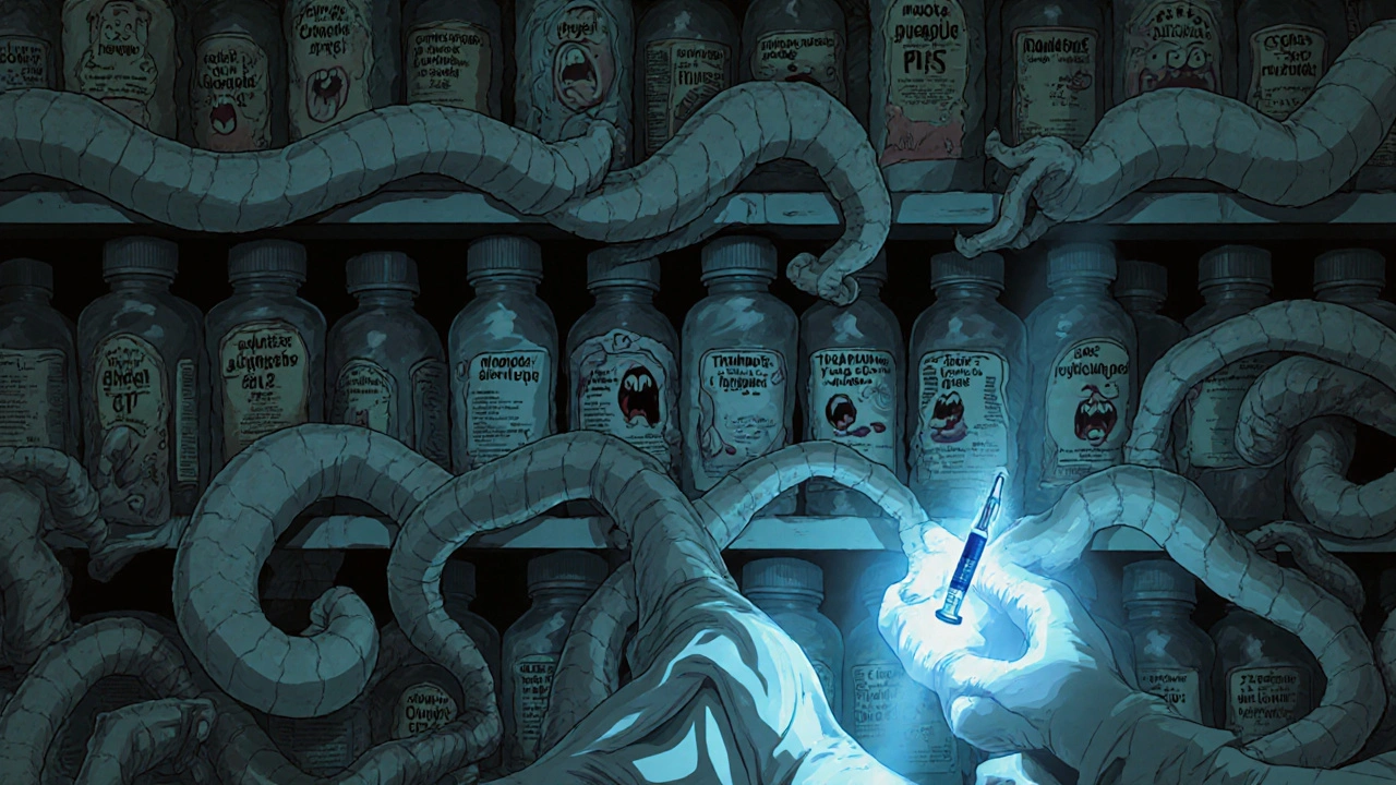 Une étagère de pharmacie où des médicaments dangereux se transforment en créatures vivantes, un bras se tend vers une bouteille de sirop contre la toux.