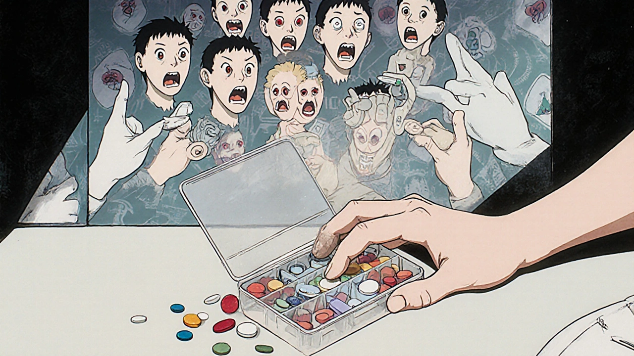 Une main ouvrant une boîte à pilules, où chaque comprimé devient un visage hurlant, dans un style d&#039;horreur manga Junji Ito.