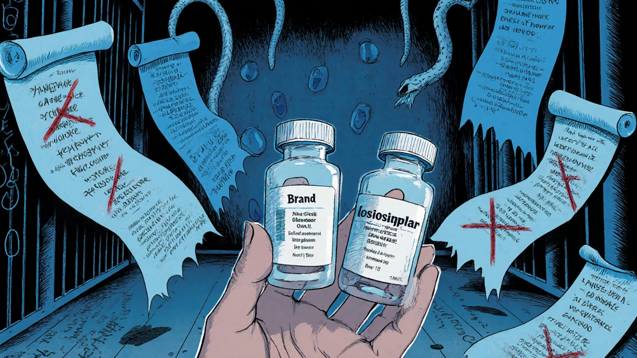 Une main tenant deux bouteilles de médicaments, des documents médicaux fantomatiques s&#039;élèvent comme des serpents, avec des noms d&#039;États rayés en rouge.