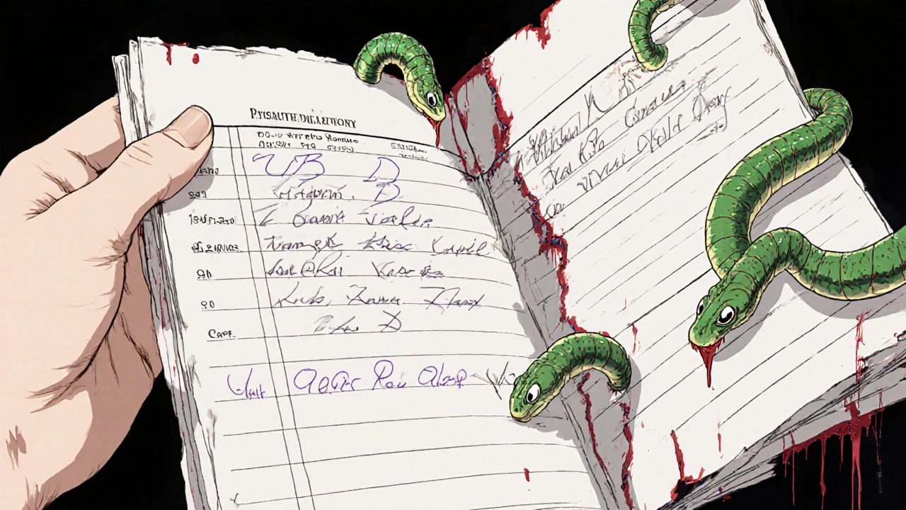 Une main tourne une page médicale où les noms de compléments se transforment en créatures serpentine qui fuient.