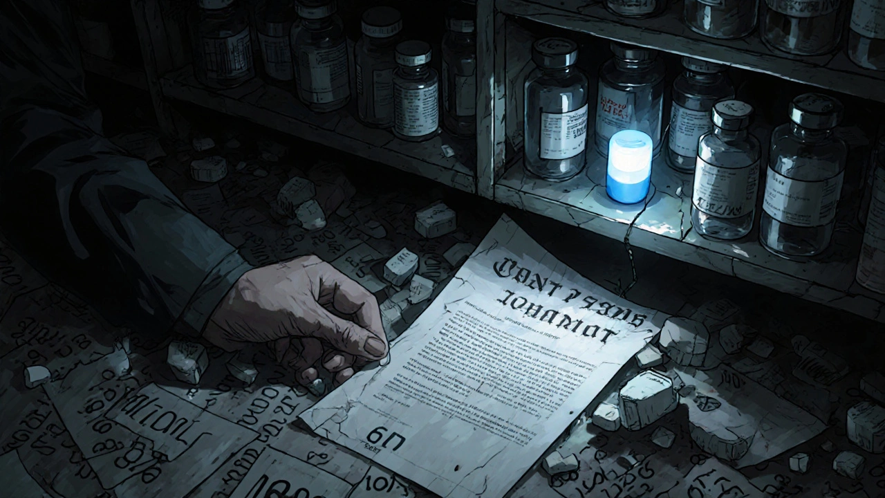 Une seule pilule glow sur une étagère vide, entourée de logos brisés et d&#039;un contrat qui hurle.