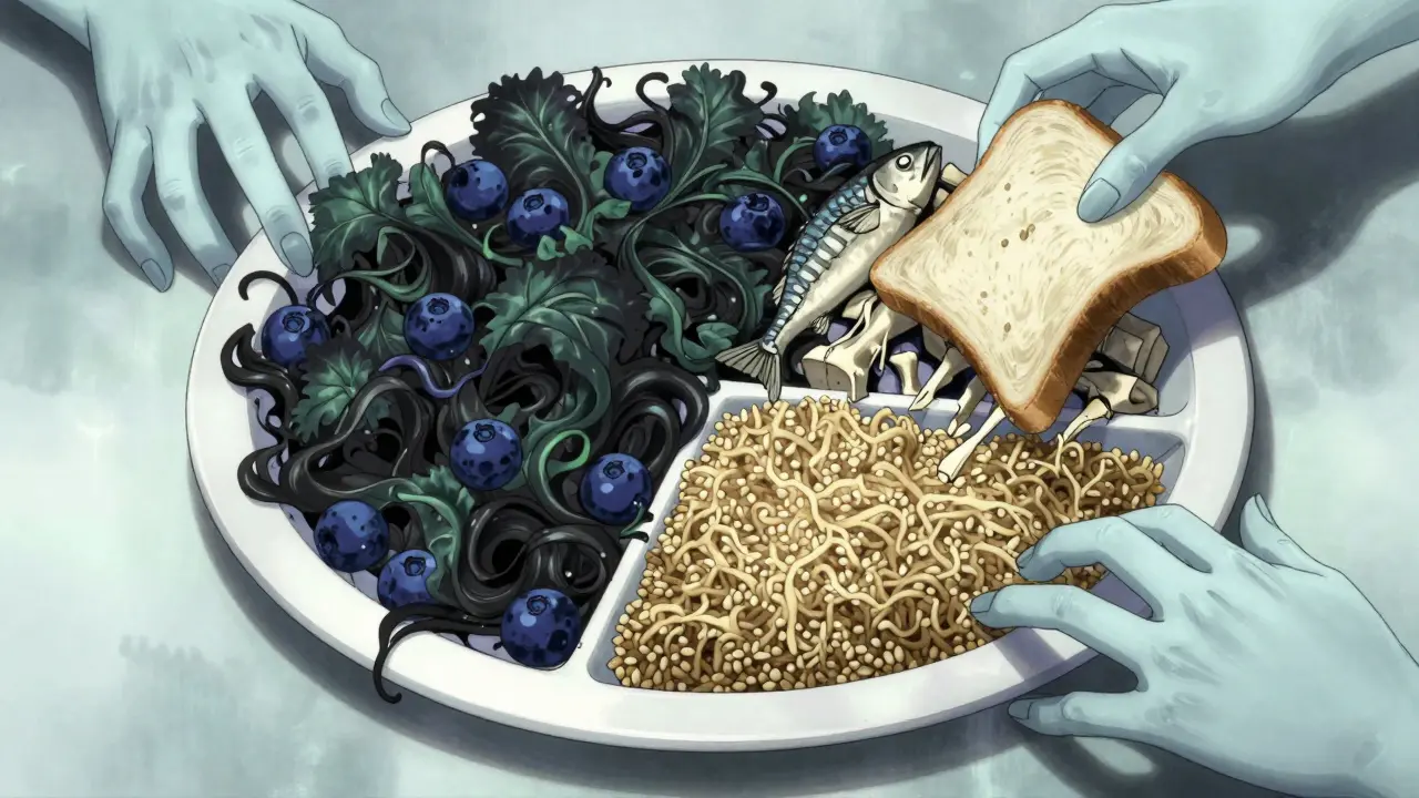 Assiette méditerranéenne divisée en sections parfaites, entourée de mains fantomatiques tentant de voler du pain blanc.