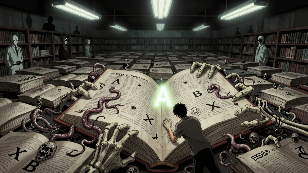 Bibliothèque infinie du livre Orange, où les lettres A et B se transforment en visages hurlants, une main tendue vers un code lumineux.