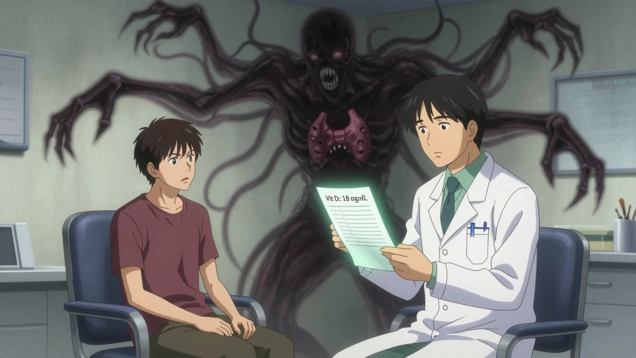 Consultation médicale où des ombres monstrueuses représentent les causes réelles des douleurs, derrière un patient désorienté.