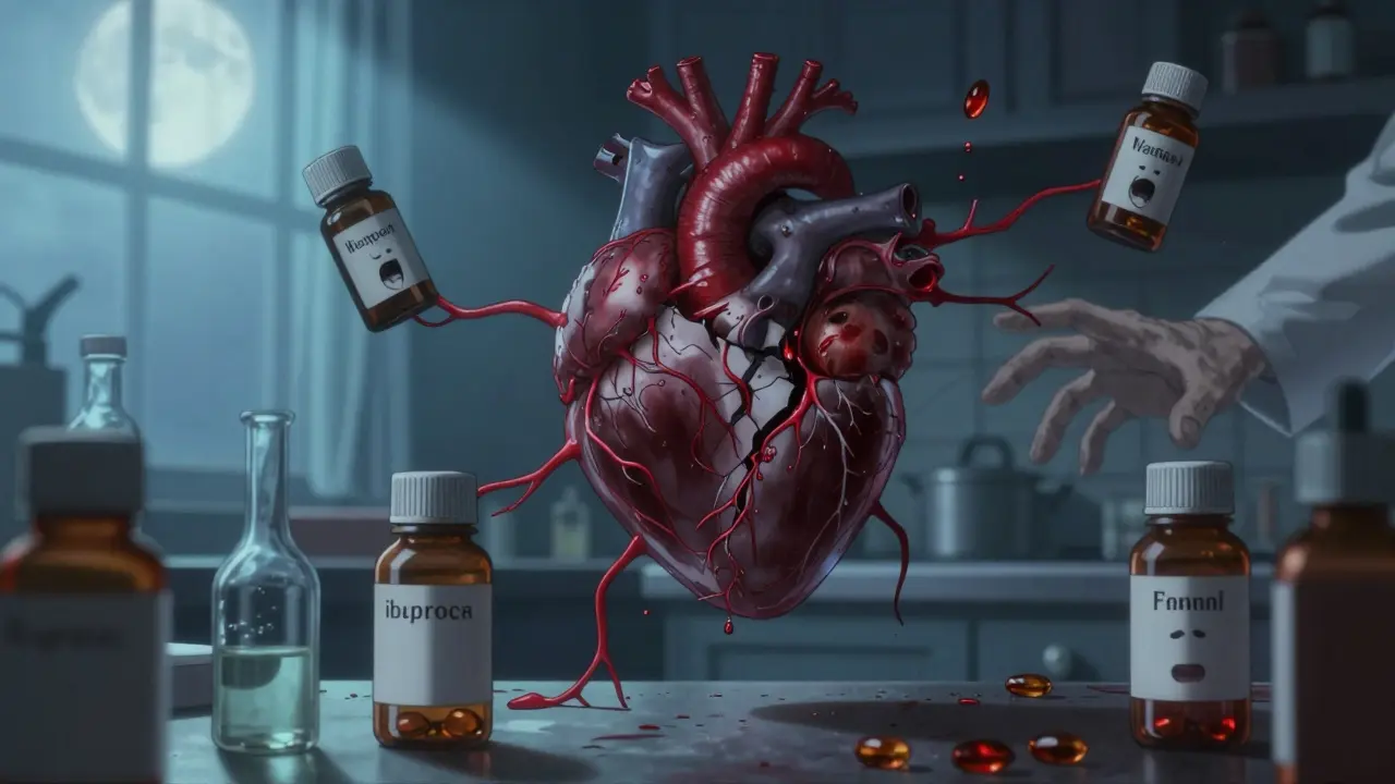 Des comprimés flottent dans une cuisine, reliés par des veines pulsantes rouges, formant un cœur en train de se briser.