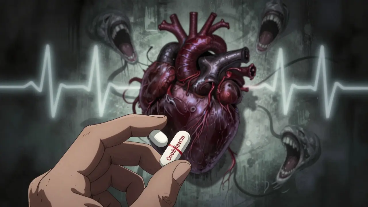 Deux pilules dont les ombres forment un cœur monstrueux aux veines serpentes, sous une lumière clignotante.