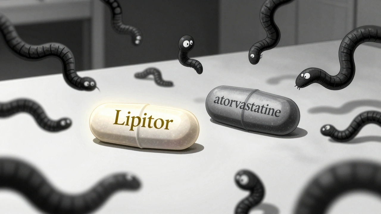 Deux pilules identiques sur une table, l&#039;une étiquetée avec une marque brillante, l&#039;autre avec un nom générique terne, entourées de pensées négatives sous forme de vers noirs.