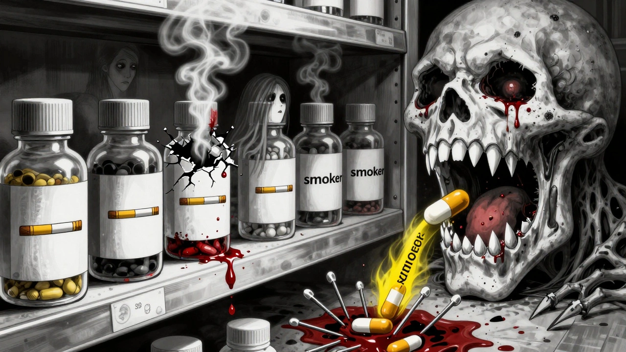 Étagère de pharmacie où des bouteilles de clozapine sont dévorées par une enzyme monstrueuse, entourée de fumée et de gouttes de sang.