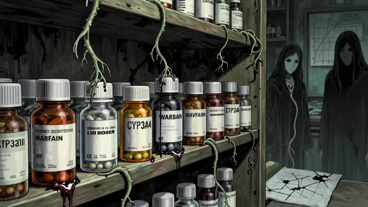 Étagère de pharmacie où des lianes de millepertuis engloutissent des médicaments sur ordonnance, gouttes noires formant des symboles chimiques.