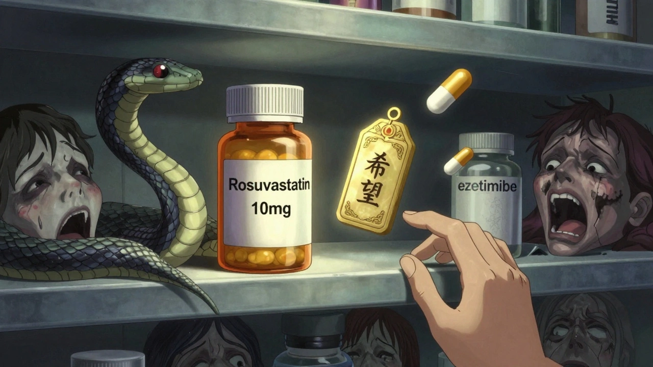 Étagère de pharmacie où des médicaments alternatifs brillent en contrepoint de statines transformées en serpents.