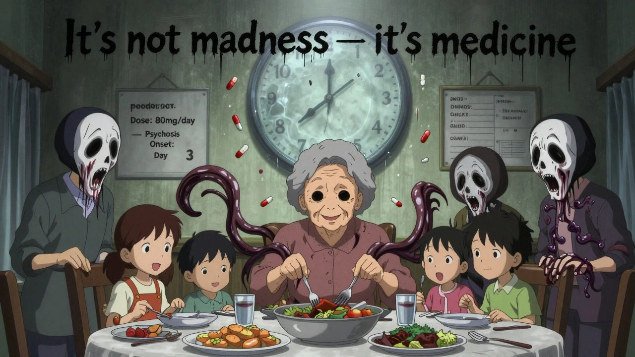 Femme âgée à table, son visage fond en tentacules noirs, sa famille crie en silence, des comprimés tombent comme une pluie noire du plafond.