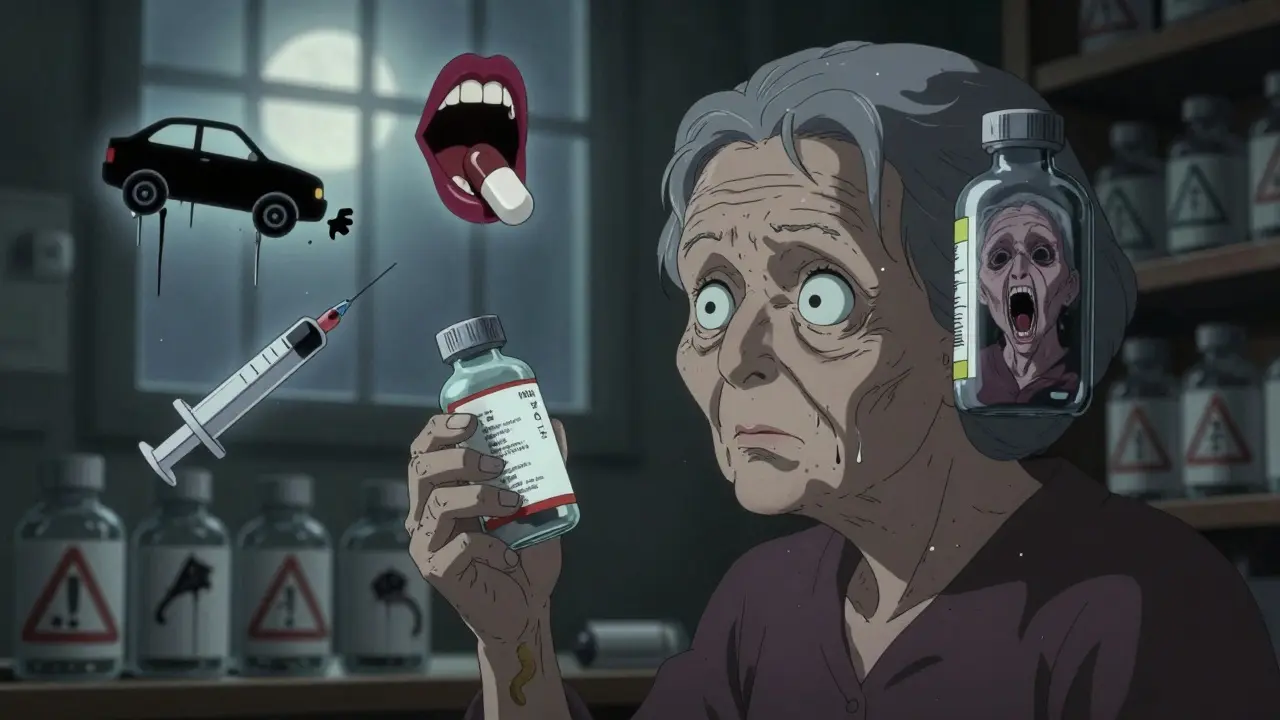 Femme âgée regardant des icônes de médicaments qui deviennent des fantômes effrayants.