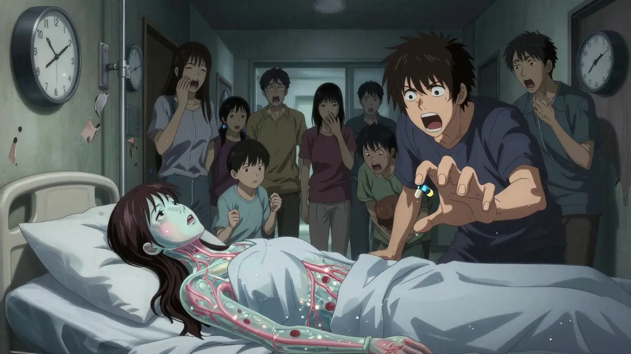 Femme inconsciente à l'hôpital, artères brillantes sous la peau, murs remplis de figures figées avec des symptômes.