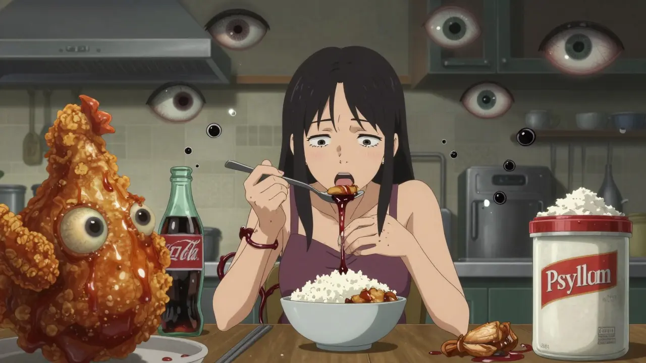 Femme mangeant du riz blanc entourée d'aliments monstrueux, des fibres visqueuses enserrant ses poignets.