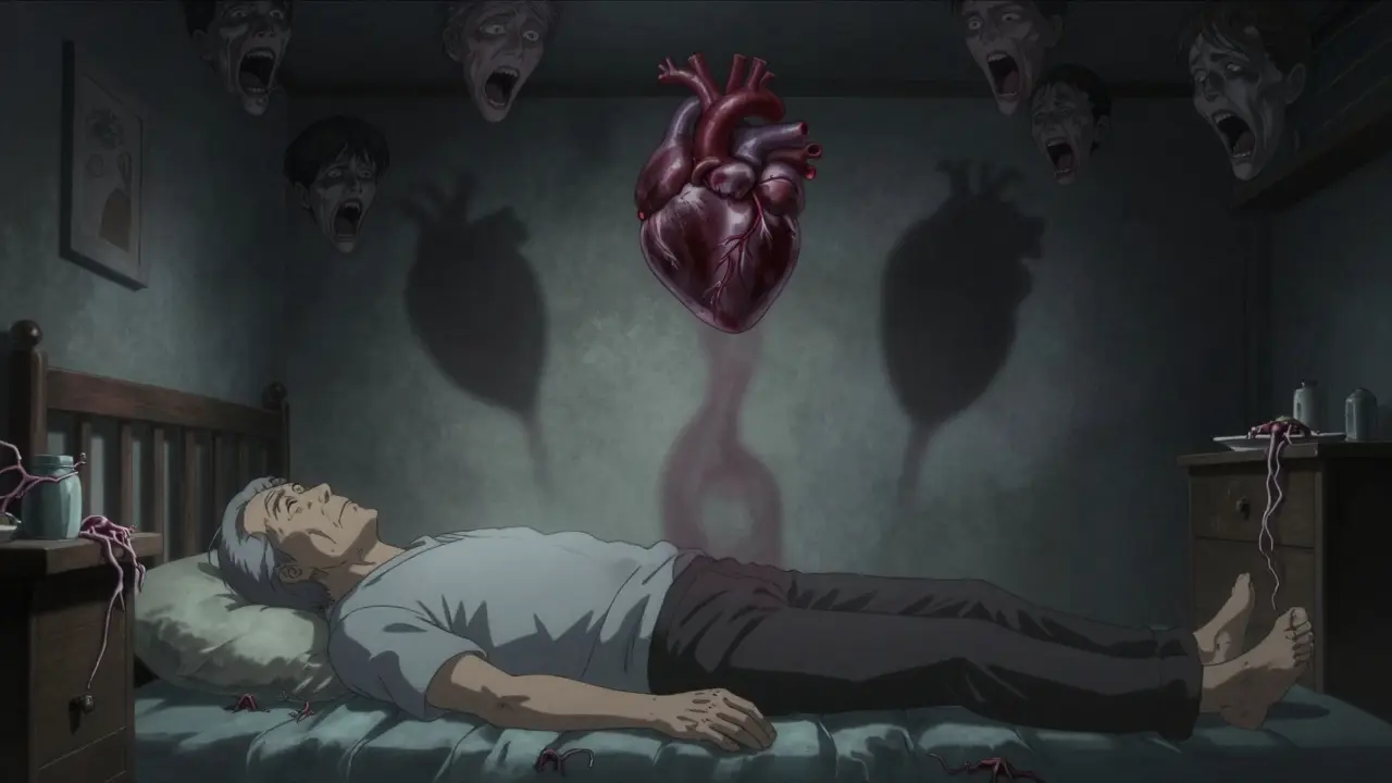 Homme âgé allongé au sol, ombres organiques s'élèvent de son cœur, repas froid sur la table de nuit.