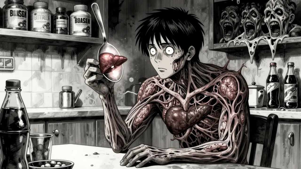 Homme dont le corps se transforme en tissu hépatique sain, reflété dans une cuillère, tandis que des bouteilles de soda crient derrière lui.