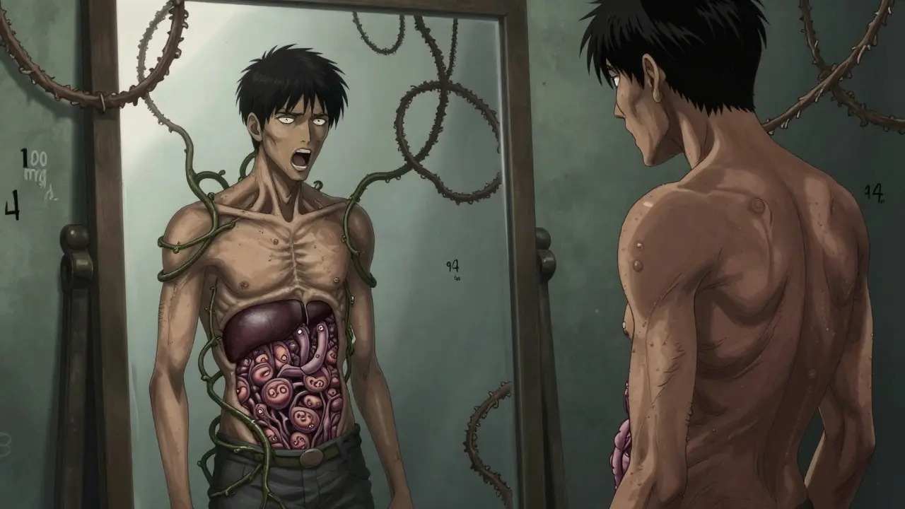 Homme mince dont le reflet révèle un ventre déformé rempli de cellules graisseuses hurlantes et des organes étouffés.