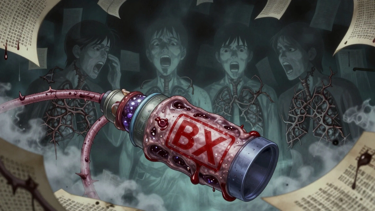 Inhalateur organique avec un code BX qui saigne, des patients fantômes inspirant dans un fond de pages qui se décomposent.