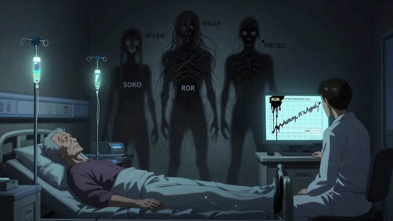 Les ombres des patients hôpital se transforment en créatures grotesques sous la lumière des perfusions, tandis qu'un médecin observe un graphique qui saigne.