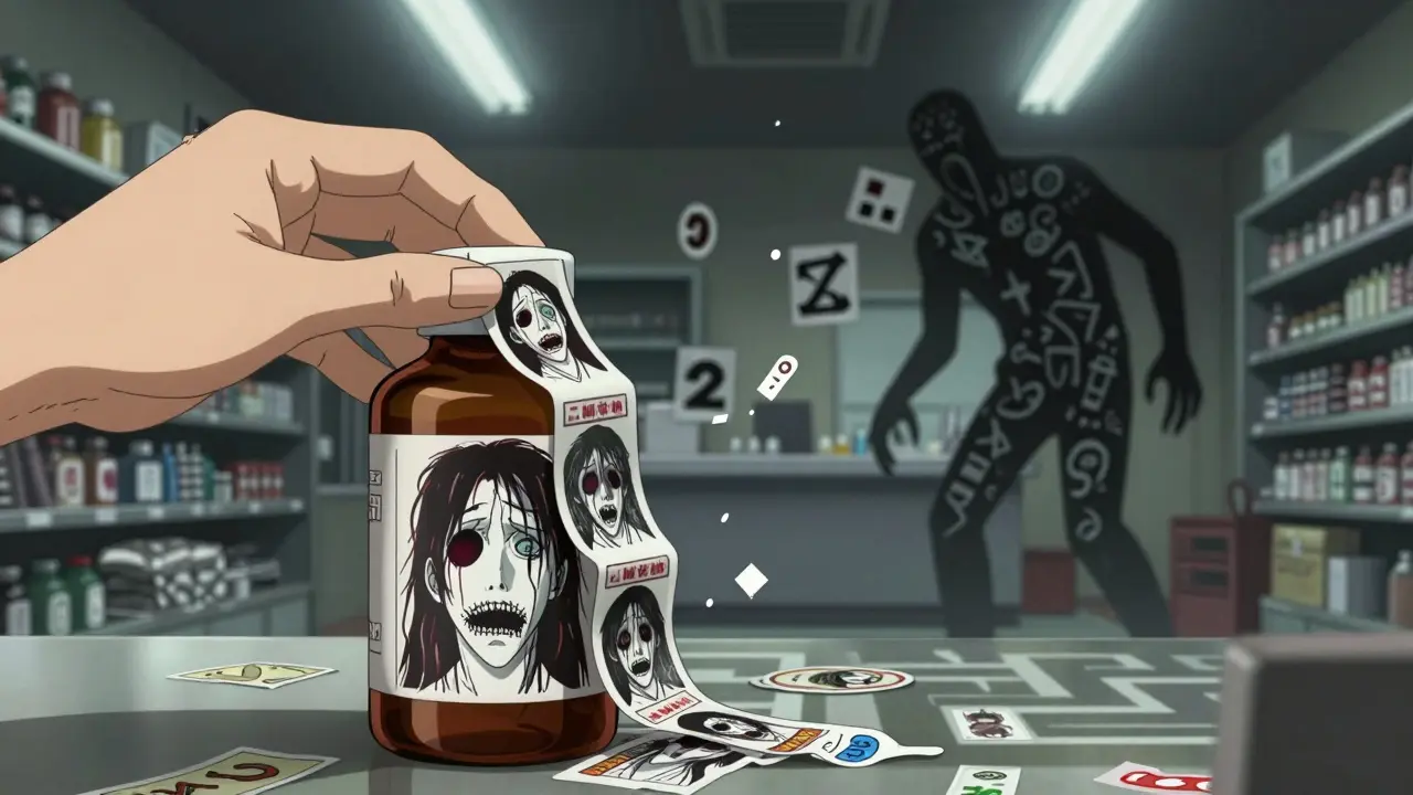 Main de pharmacien appliquant des autocollants qui révèlent des visages hurlants.