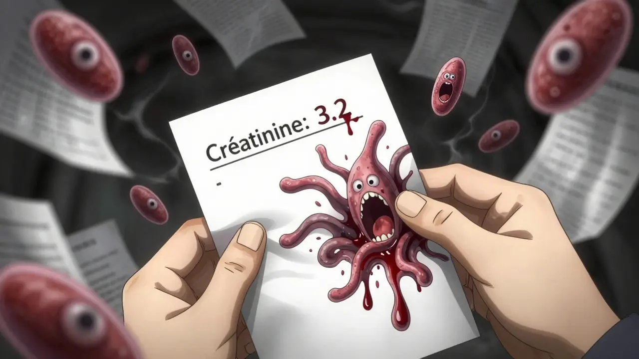 Main tenant un résultat de sang qui goutte, avec des néphrons hurlants et des éosinophiles aux yeux humains, style d'horreur manga.