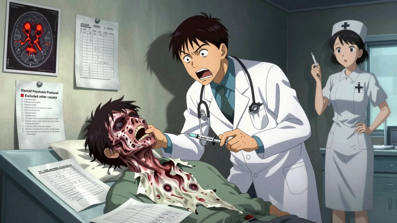 Médecin horrifié dans une salle d&#039;urgence, le visage d&#039;un patient se décompose en vortex sombres, tandis qu&#039;une seringue est prête à être utilisée.