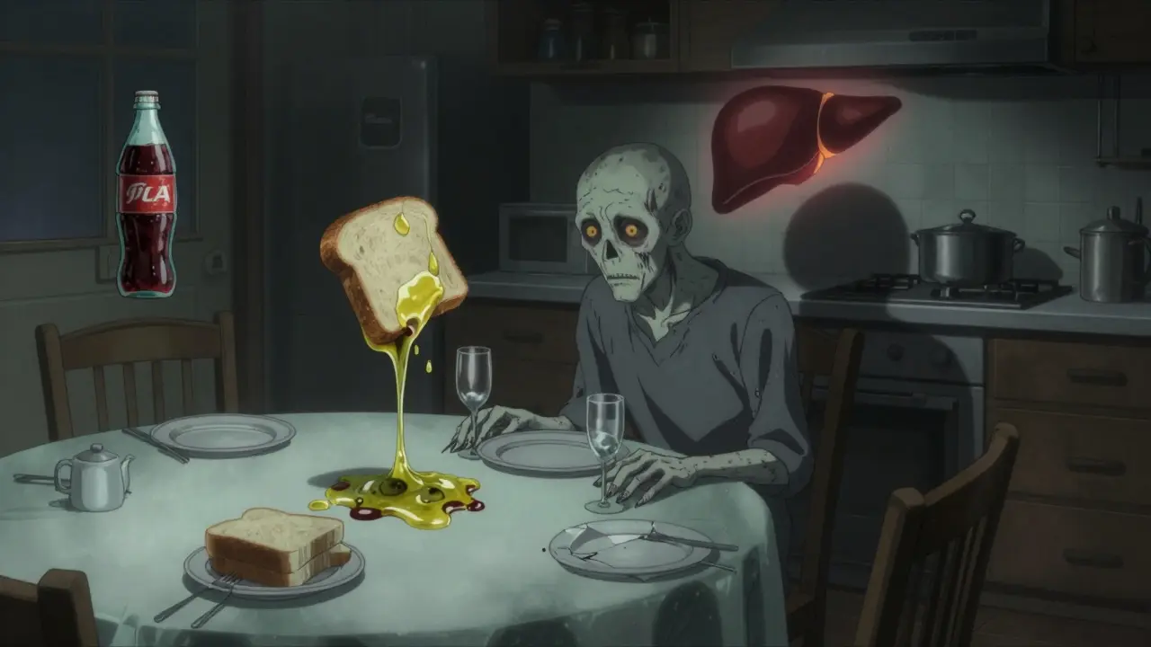 Patient assis à table entouré de nourriture déformée, son ombre révélant un foie sain, style d'horreur psychologique.