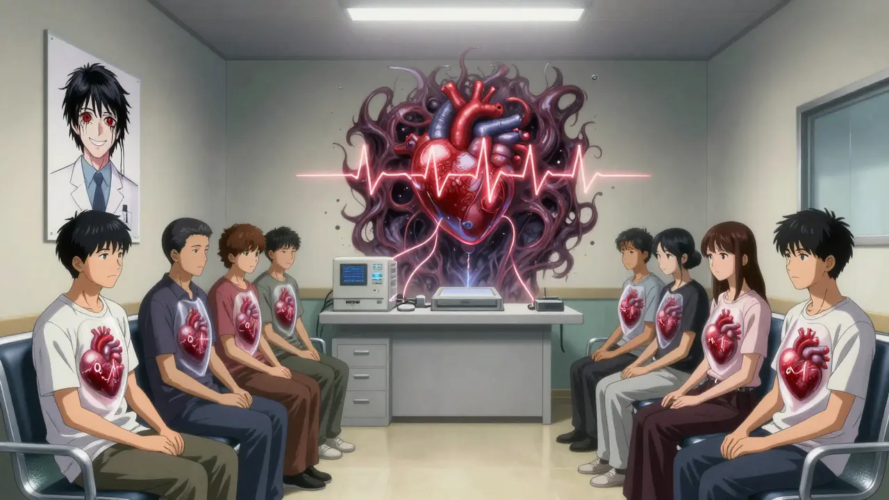 Patients dans une salle d'attente avec des cœurs visibles, leurs intervalles QT allongés reliés à une machine ECG vivante.