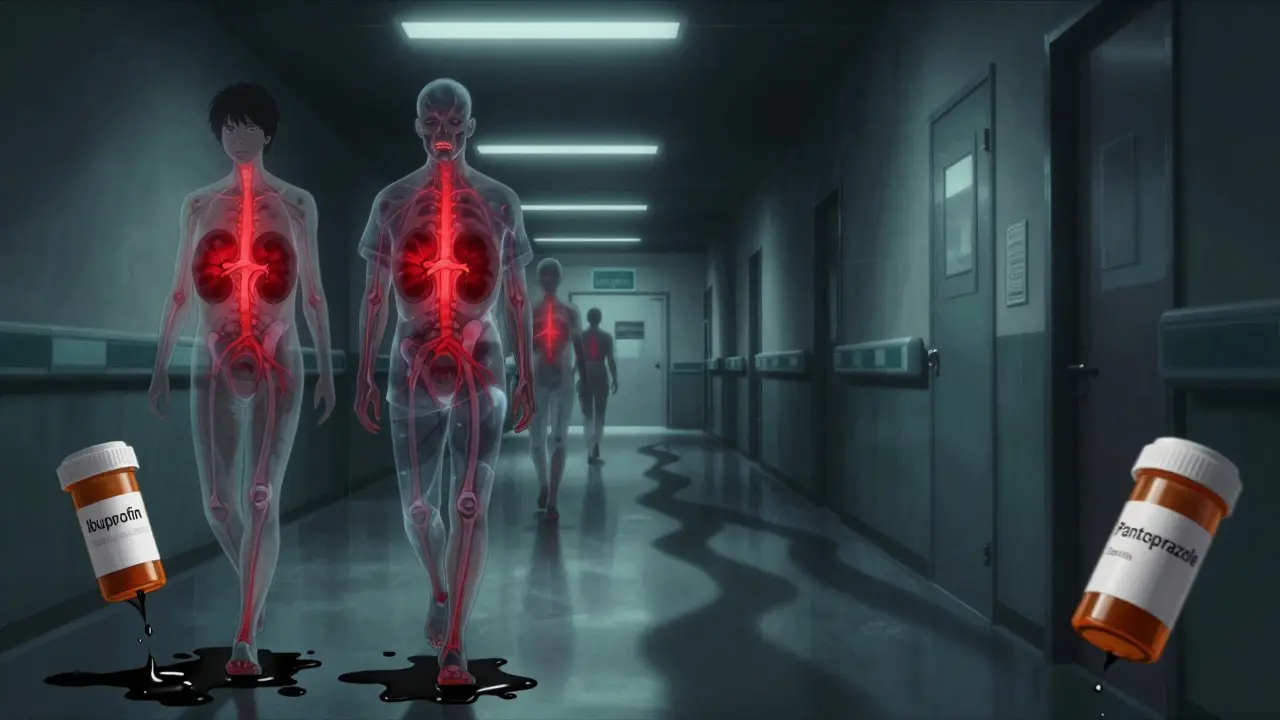 Patients transparents avec des reins infectés par des flacons de médicaments qui drainent du liquide noir, dans un couloir d'hôpital oppressant.