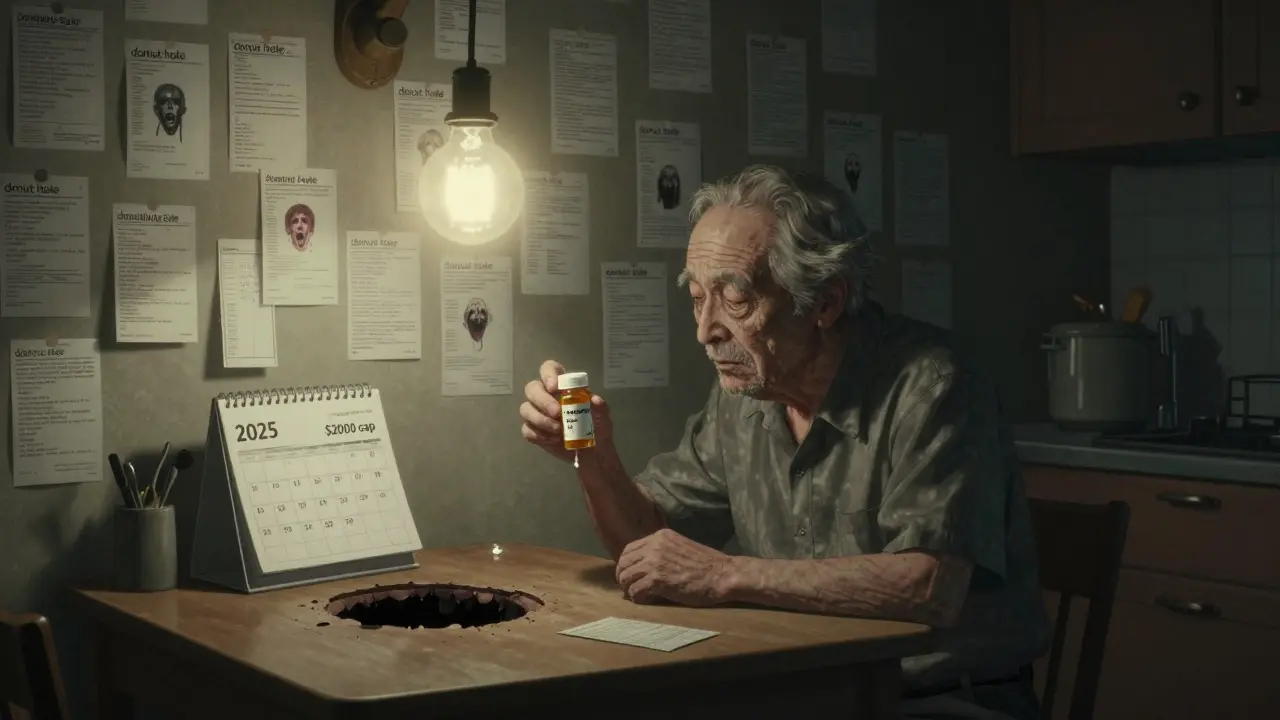 Personne âgée tenant un médicament générique sous une lampe clignotante, des notes de prescription hurlantes derrière elle.